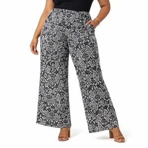 IMAN Wide Leg Pants Womens 1X Short Navy Flowy Ikat Boho Elastic Waist Palazzo